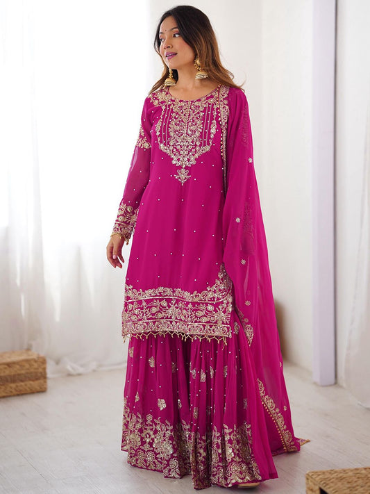 Dhiyona KL Women Ethnic Motifs Embroidered Regular Sequinned Kurta with Sharara & Dupatta