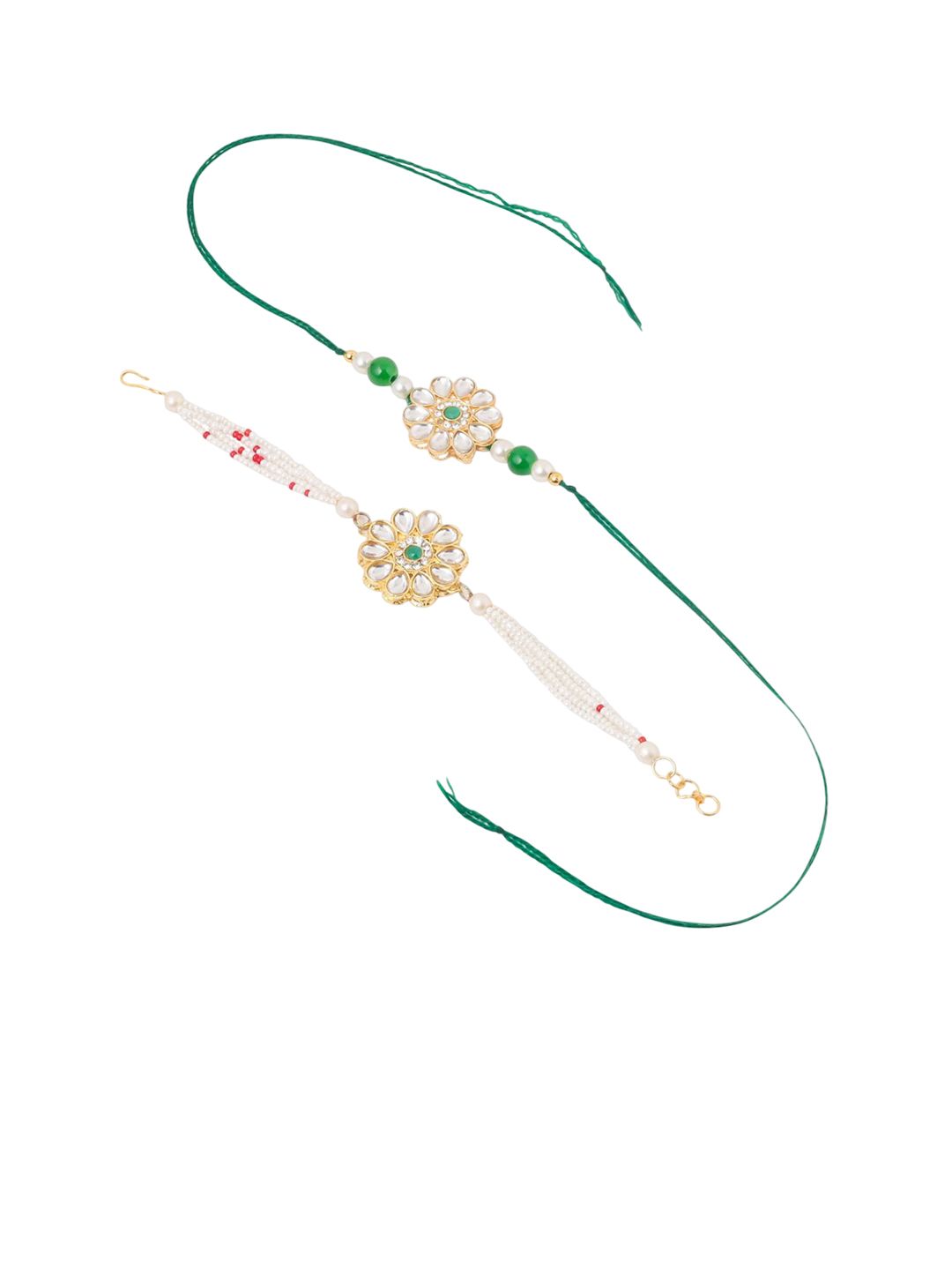 Dhiyona Set Of 2 Kundan Floral Design Gold Toned Bhaiya Bhabhi Rakhi Set With Roli Chawal
