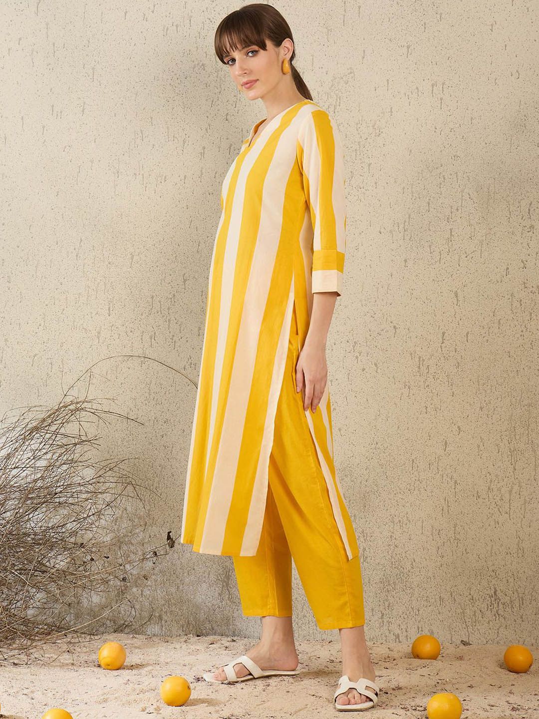 Dhiyona IE Women Striped V-Neck Cotton Tunic and Trousers Co-Ords