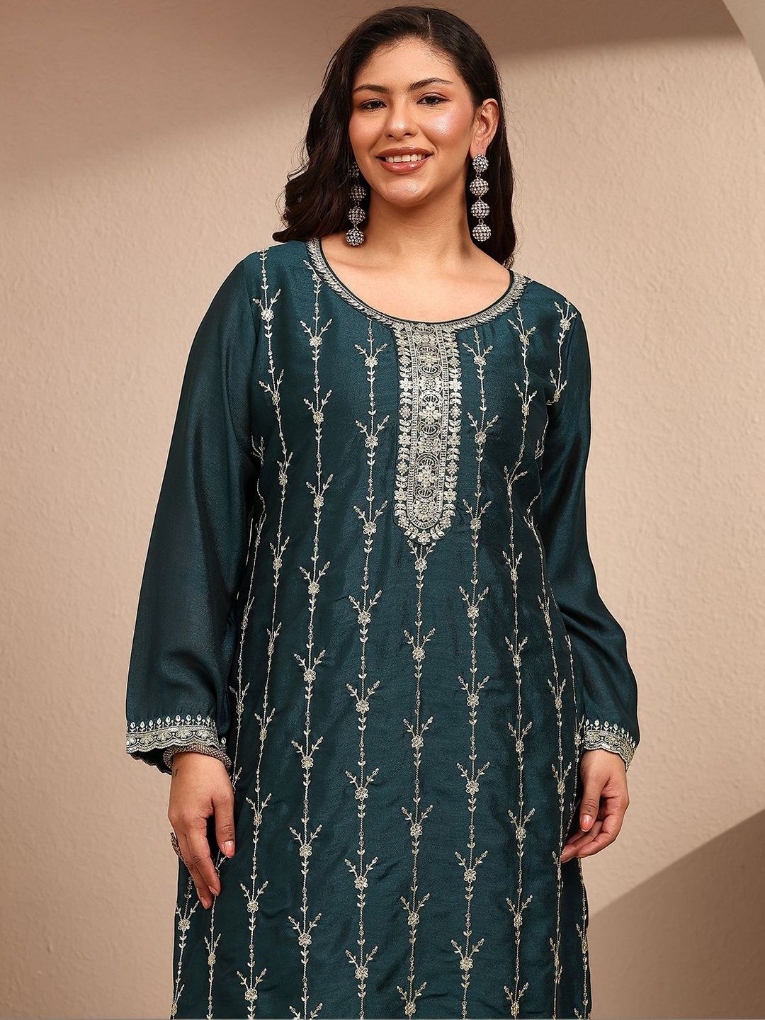 Dhiyona Women's Ethnic Motifs Embroidered Regular Thread Work Kurta with Palazzos & With Dupatta