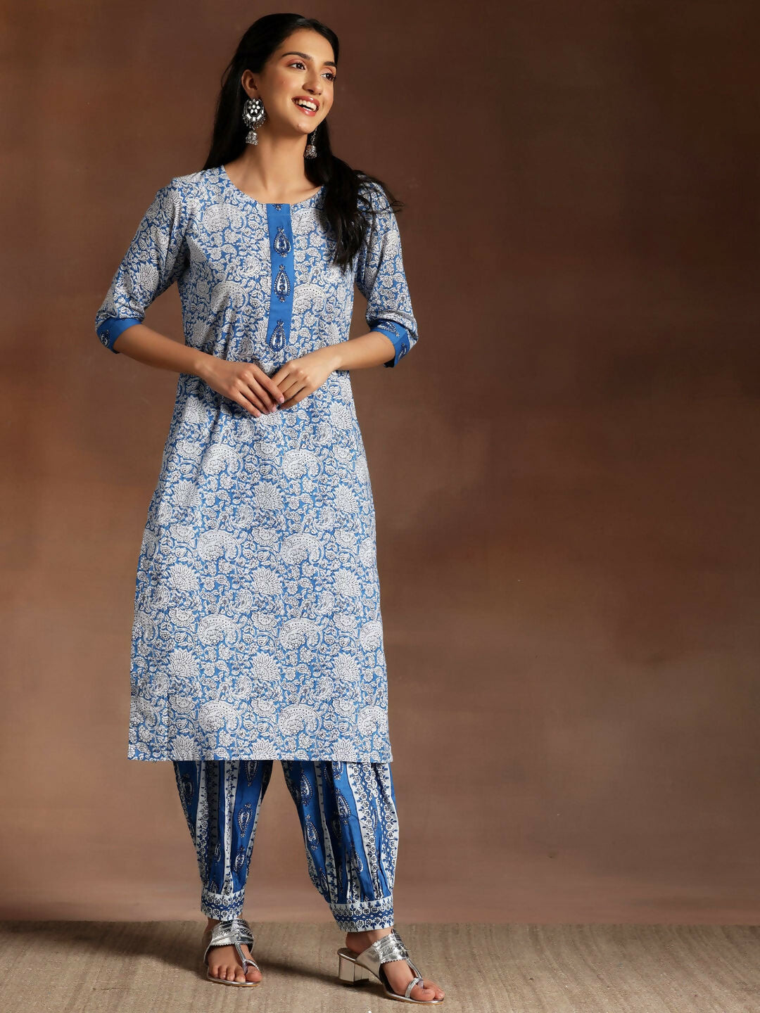 Women's LB Blue Printed Cotton Straight Suit With Dupatta