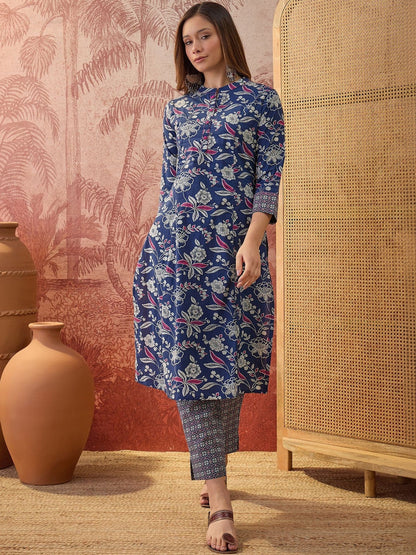 Printed Pure Cotton Mandarin Collar Kurta & Trousers Kurta Sets