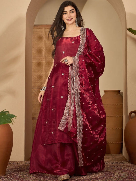 Dhiyona SN Ethnic Motifs Embroidered Round Neck Thread Work Kurta With Palazzos & Dupatta