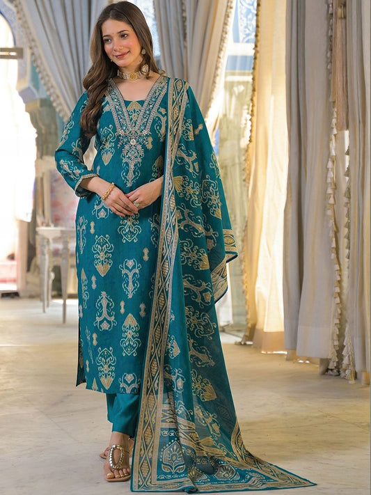 Dhiyona KL Women Ethnic Motifs Printed Regular Thread Work Kurta with Trousers & With Dupatta