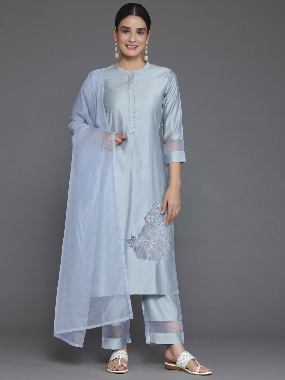 Women's LB Grey Solid Silk Blend Straight Suit With Dupatta