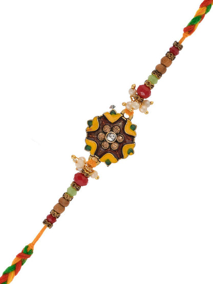Dhiyona Green Stone Studded & Beaded Thread Rakhi With Roli Chawal With Greeting Card