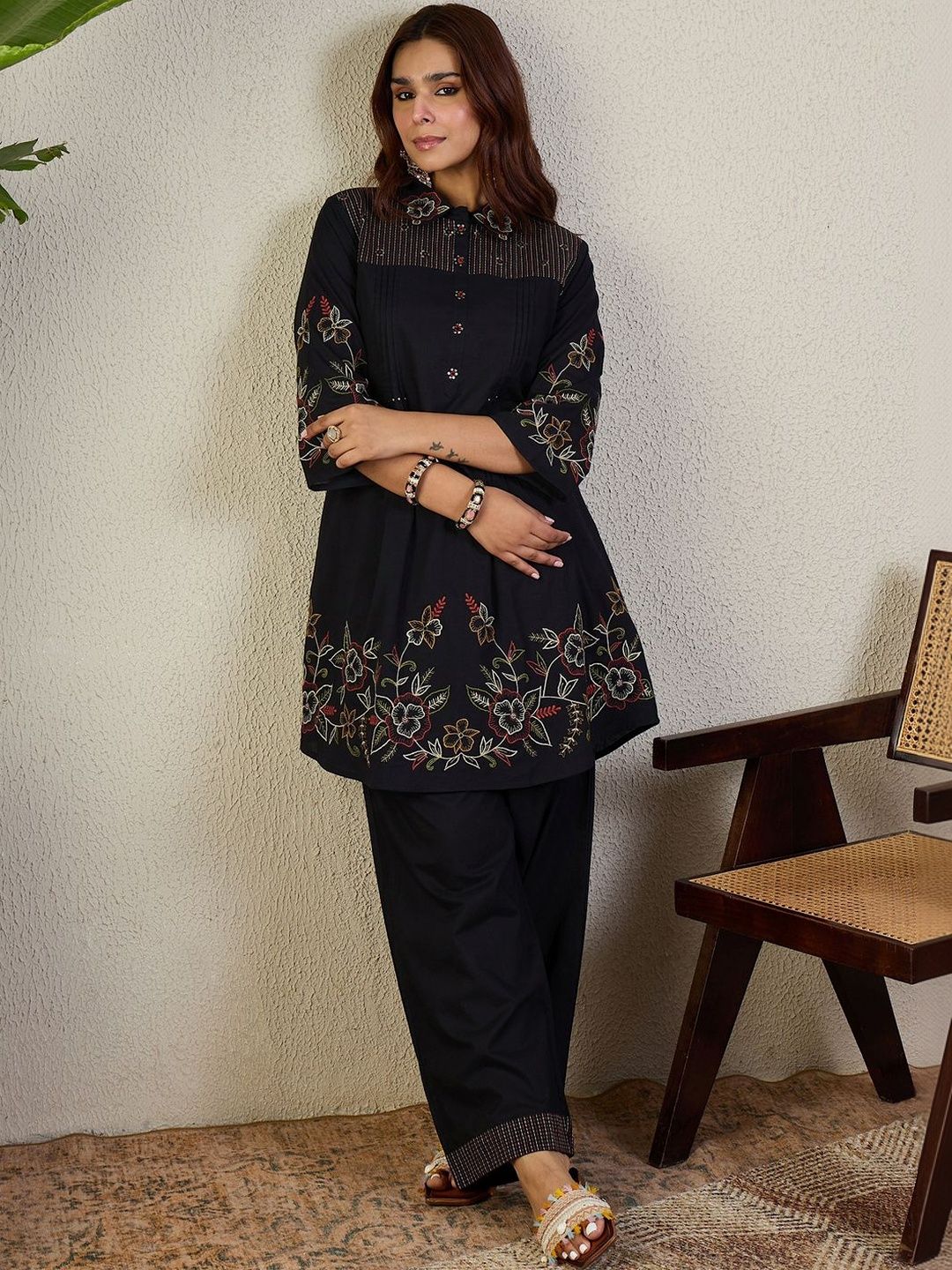 Women Floral Embroidered Thread Work Pure Cotton A-Line Kurti with Trousers