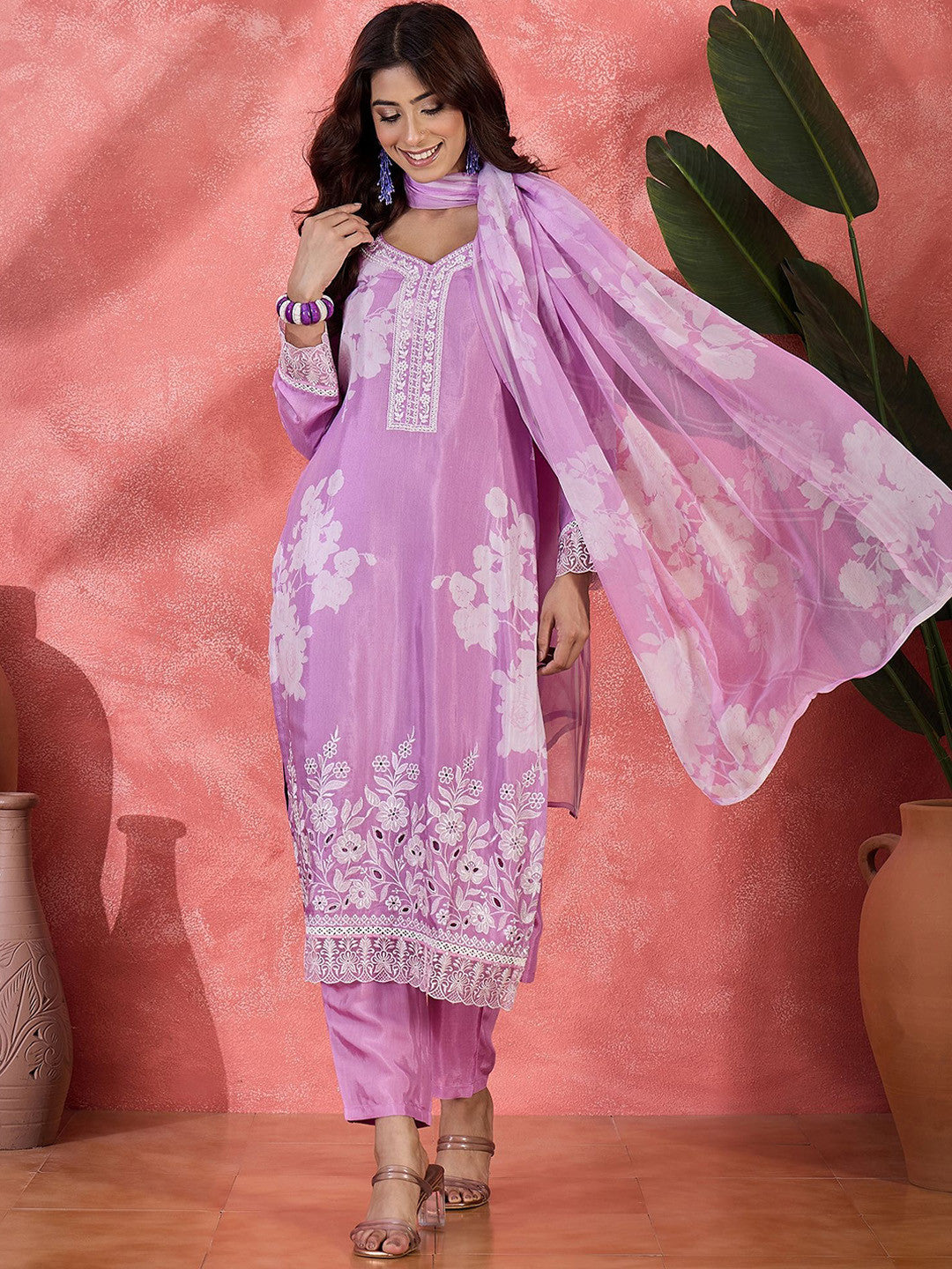 Floral Printed V-Neck Pure Silk Straight Kurta With Trousers And Dupatta