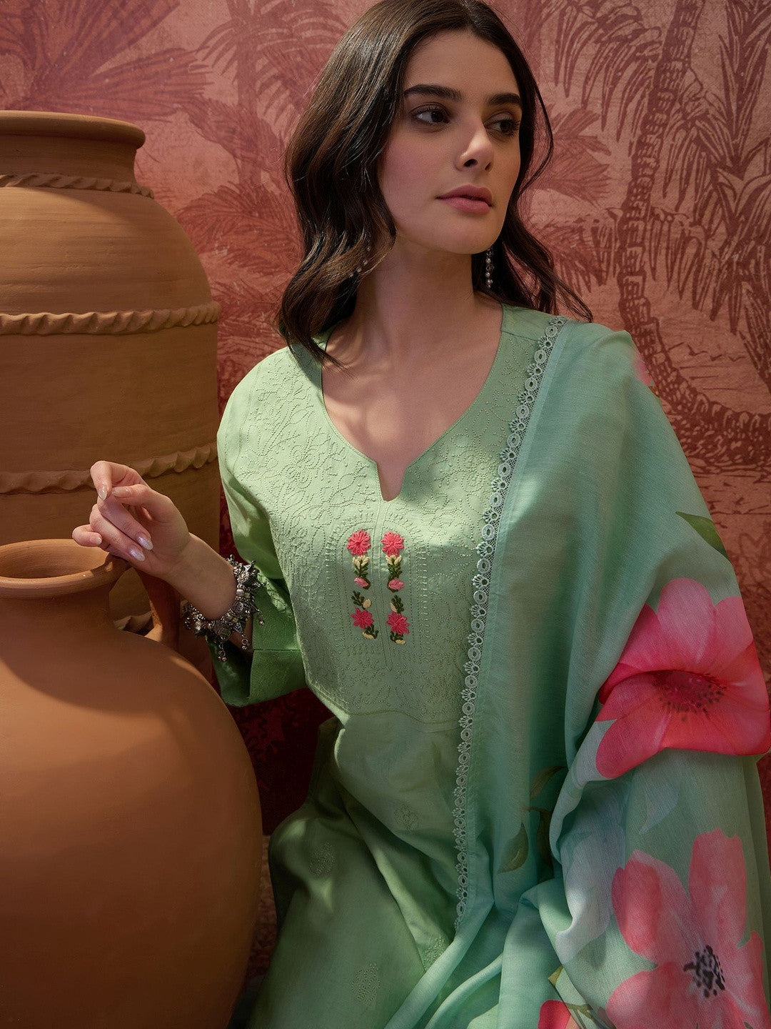 Printed Pure Cotton V Neck Kurta Sets