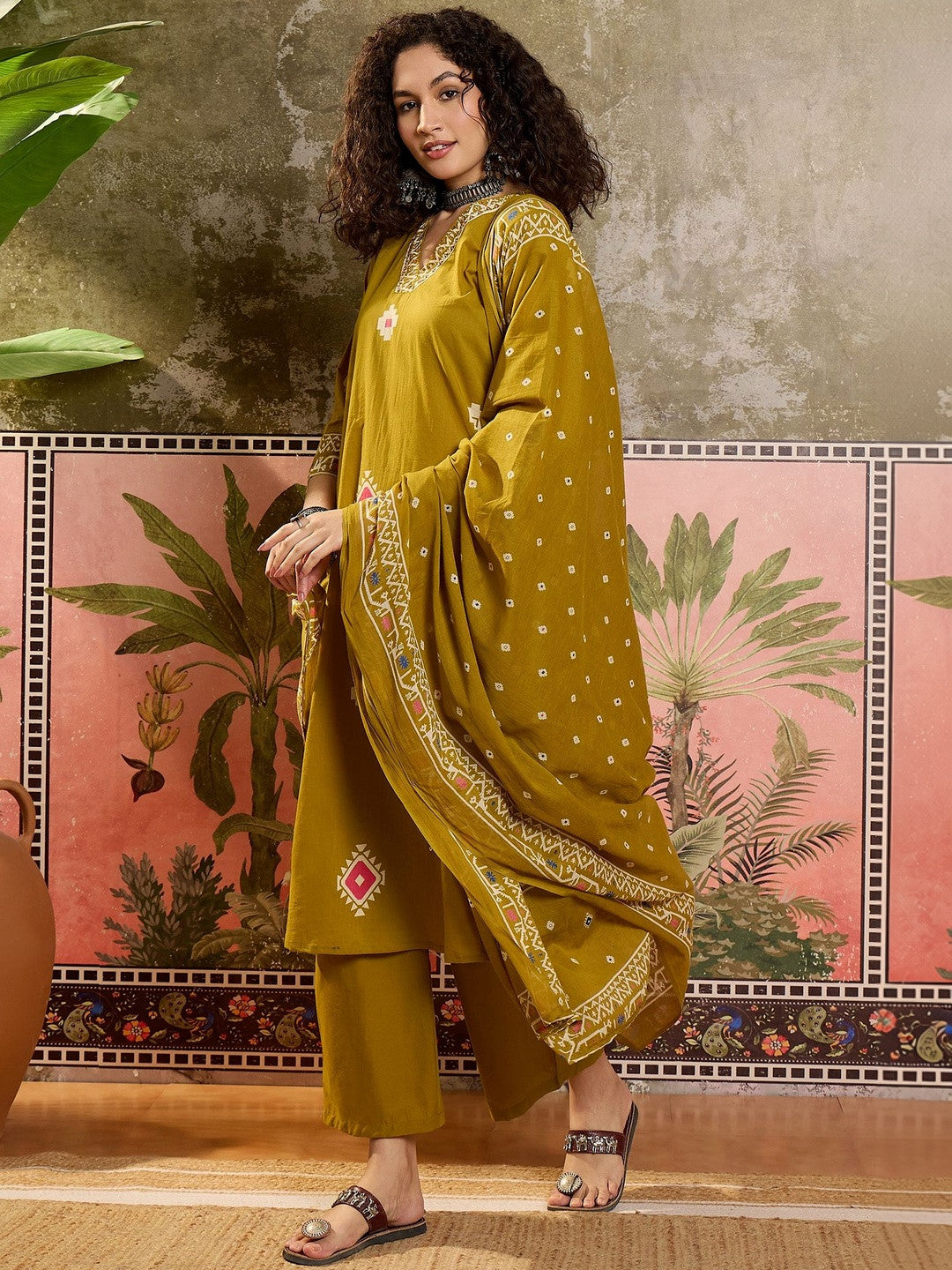 Printed Cotton V-Neck Kurta & Trousers With Dupatta
