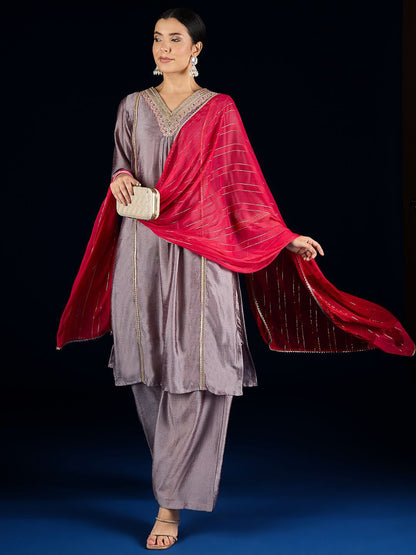 Dhiyona VA Floral Yoke Design A-Line Kurta With Palazzos & Dupatta