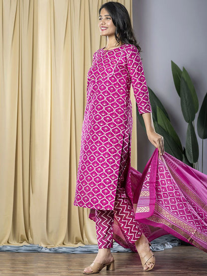 Dhiyona KL Ethnic Motifs Printed Keyhole Neck Straight Kurta With Trousers & Dupatta