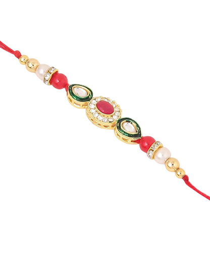 Dhiyona Pack Of 2 Kundan Studded Bhaiya Bhabhi Rakhi With Roli Chawal Chandan & Mishri