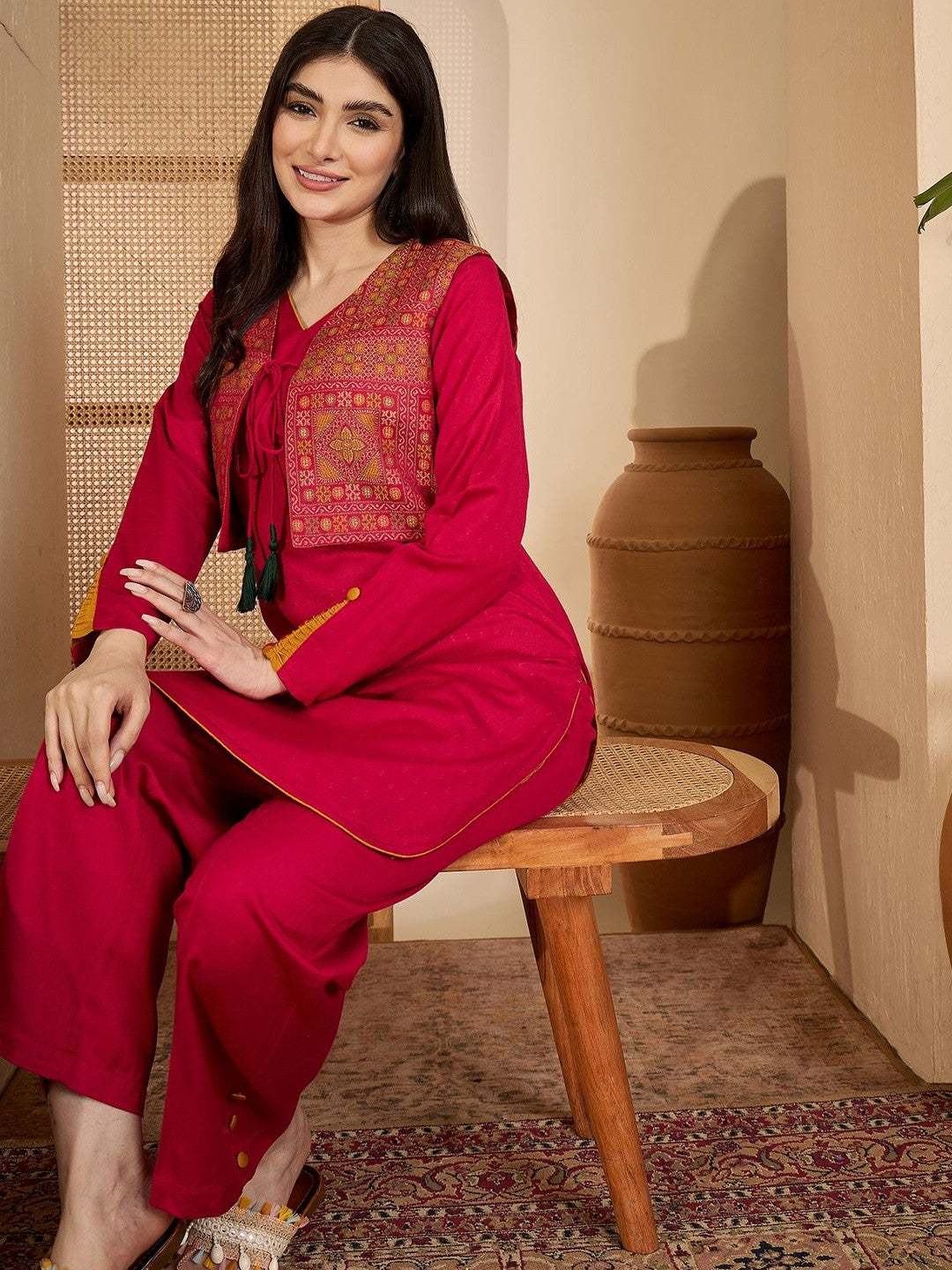 Winter Ethnic three-Piece kurta Set with Tassel-Tie Jacket