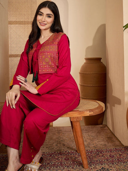 Winter Ethnic three-Piece kurta Set with Tassel-Tie Jacket