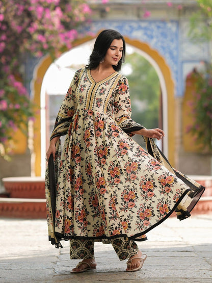 Dhiyona RR Women's Floral Printed Regular Pure Cotton Kurta with Trousers & Dupatta