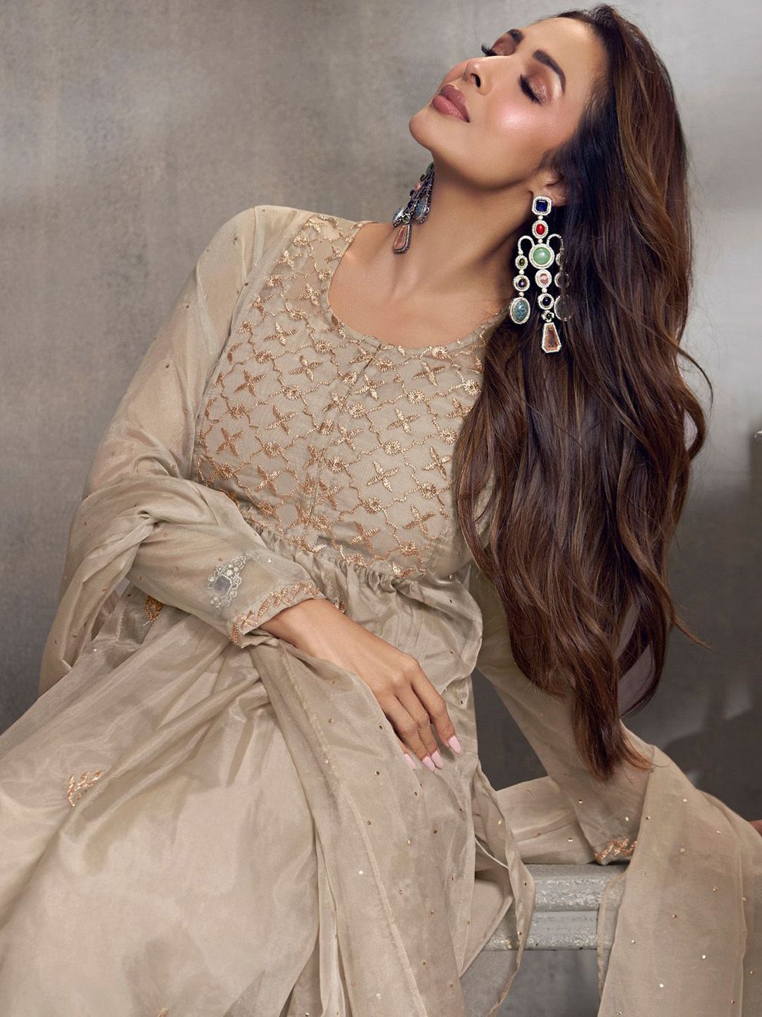 Dhiyona IN Ethnic Motifs Embroidered Pleated Zari Organza Kurta With Palazzos & Dupatta
