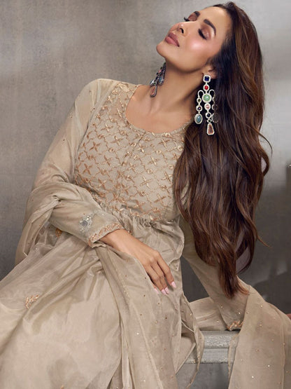 Dhiyona IN Ethnic Motifs Embroidered Pleated Zari Organza Kurta With Palazzos & Dupatta