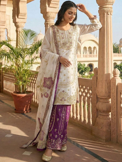 Dhiyona KL Women Floral Embroidered Regular Sequinned Kurta with Palazzos & With Dupatta