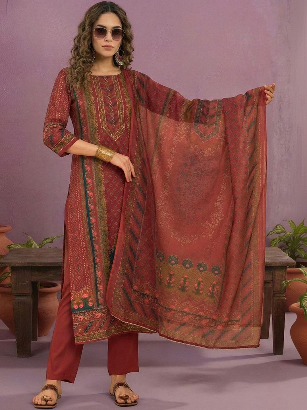 Dhiyona CH Women Ethnic Motifs Printed Regular Kurta with Trousers & With Dupatta