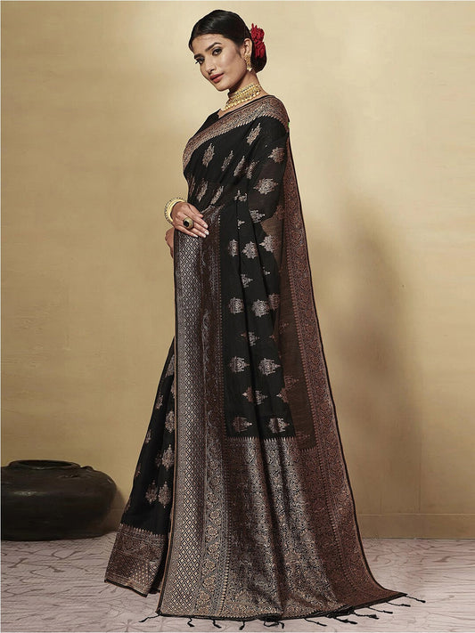 Dhiyona GR Women's GJ Black Berry Metal Black Zari Woven Design Cotton Blend Saree