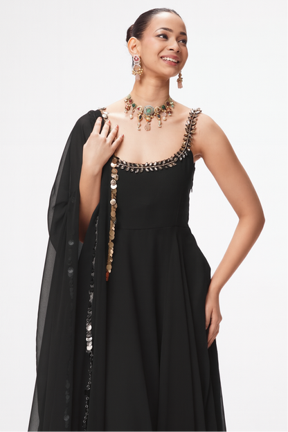 Dhiyona ST 3 pc Suit Set - Black Georgette Glass Beads Front and Back Neck Sleeveless Anarkali Suit with Pants and Dupatta