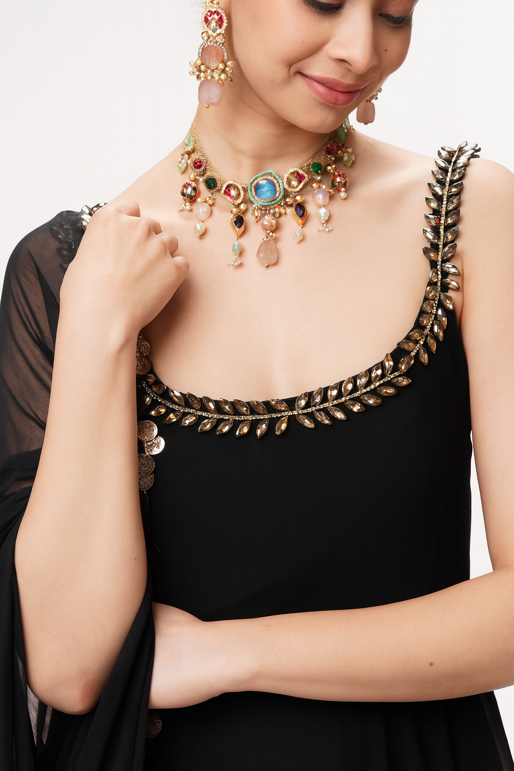 Dhiyona ST 3 pc Suit Set - Black Georgette Glass Beads Front and Back Neck Sleeveless Anarkali Suit with Pants and Dupatta