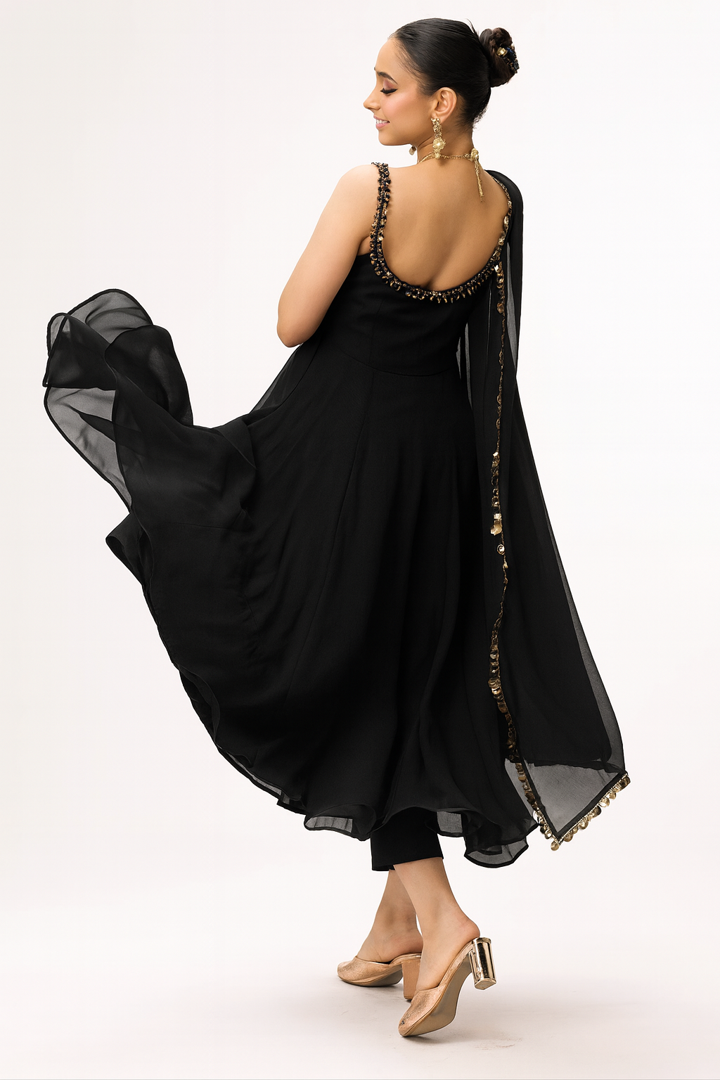 Dhiyona ST 3 pc Suit Set - Black Georgette Glass Beads Front and Back Neck Sleeveless Anarkali Suit with Pants and Dupatta