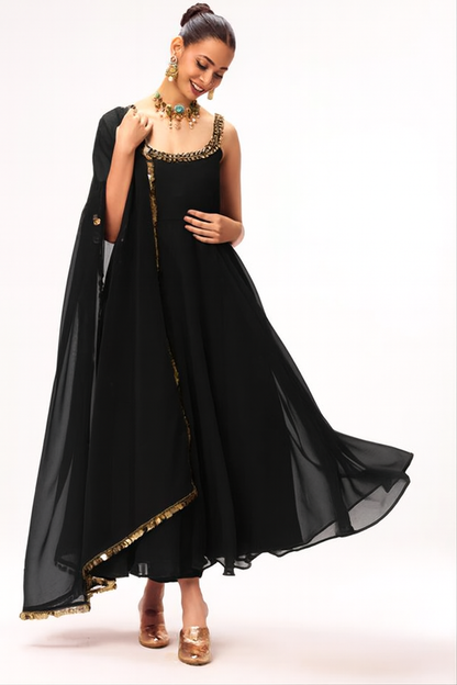 Dhiyona ST 3 pc Suit Set - Black Georgette Glass Beads Front and Back Neck Sleeveless Anarkali Suit with Pants and Dupatta