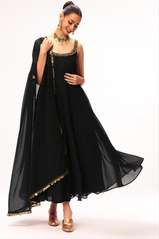 Dhiyona ST 3 pc Suit Set - Black Georgette Glass Beads Front and Back Neck Sleeveless Anarkali Suit with Pants and Dupatta