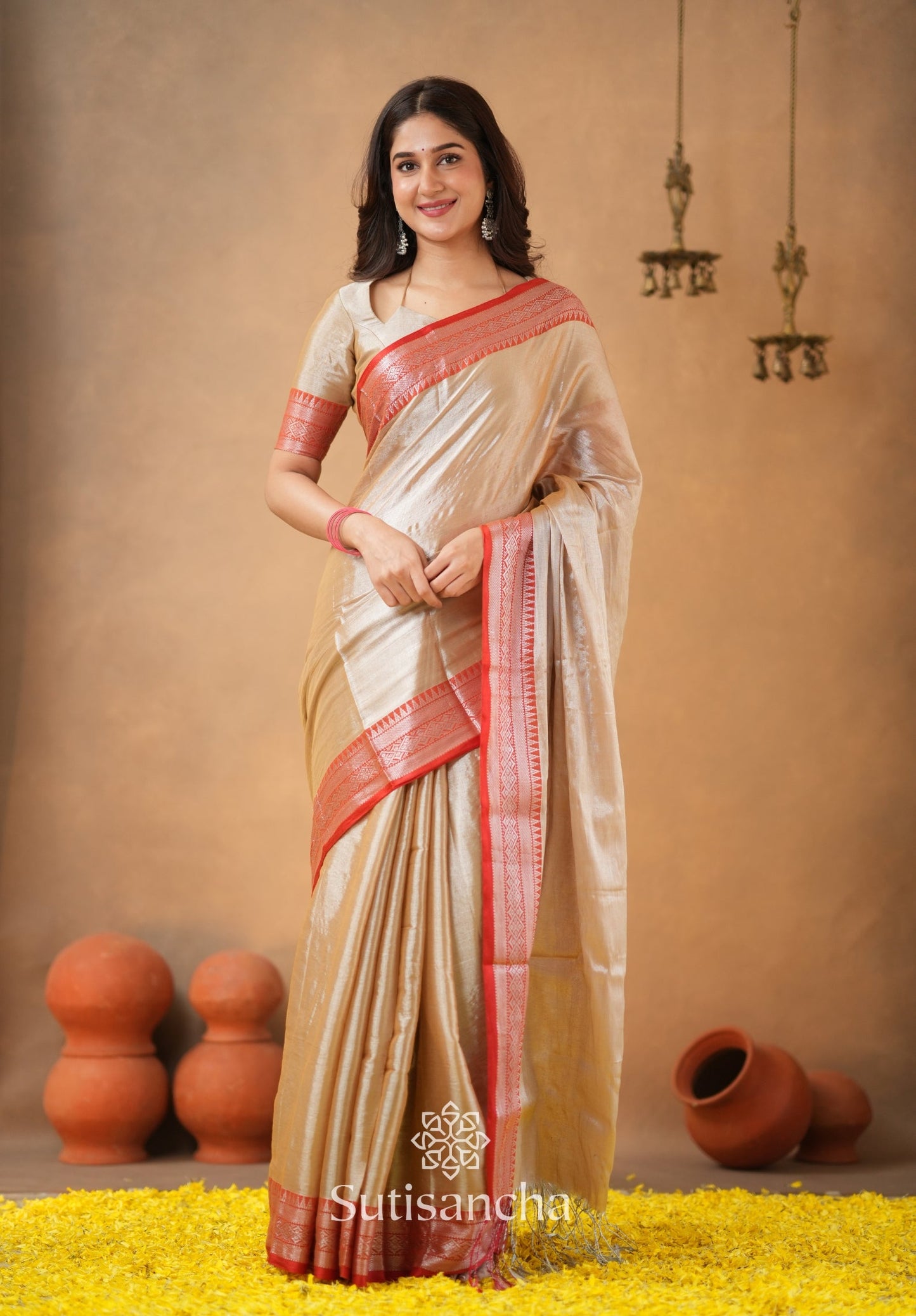 Dhiyona SS Traditional Tissue Saree with Rich Red Border