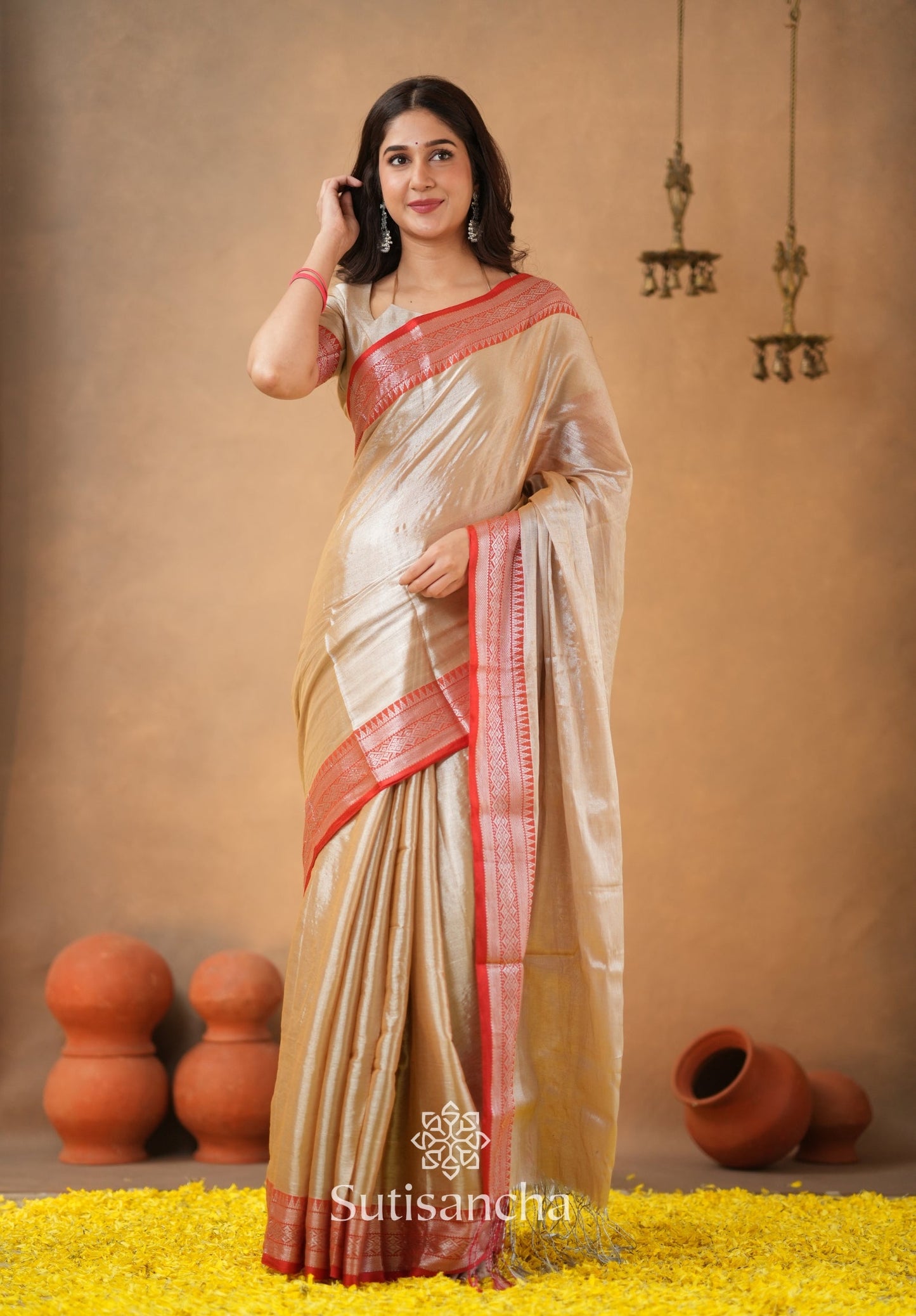 Dhiyona SS Traditional Tissue Saree with Rich Red Border