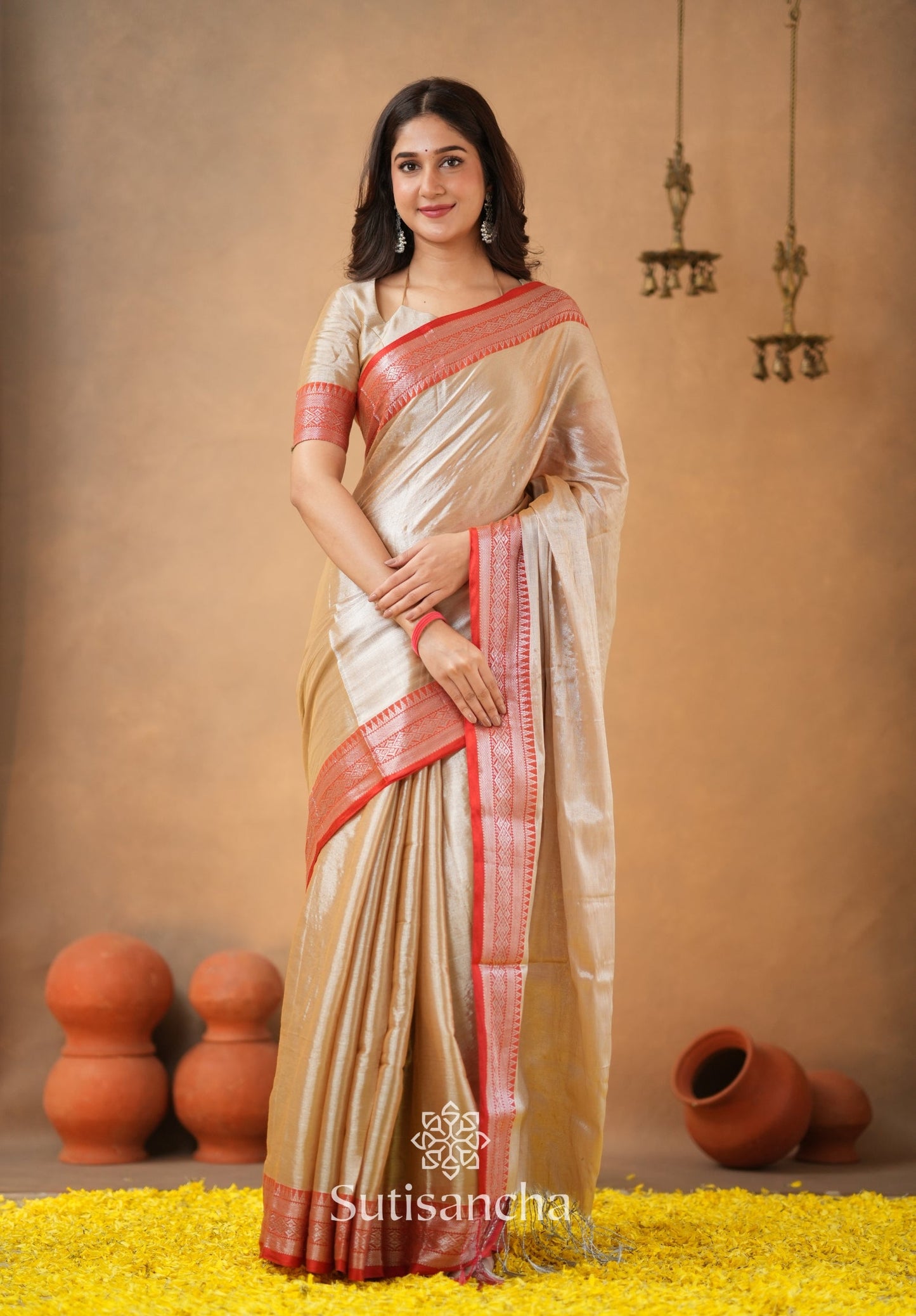 Dhiyona SS Traditional Tissue Saree with Rich Red Border