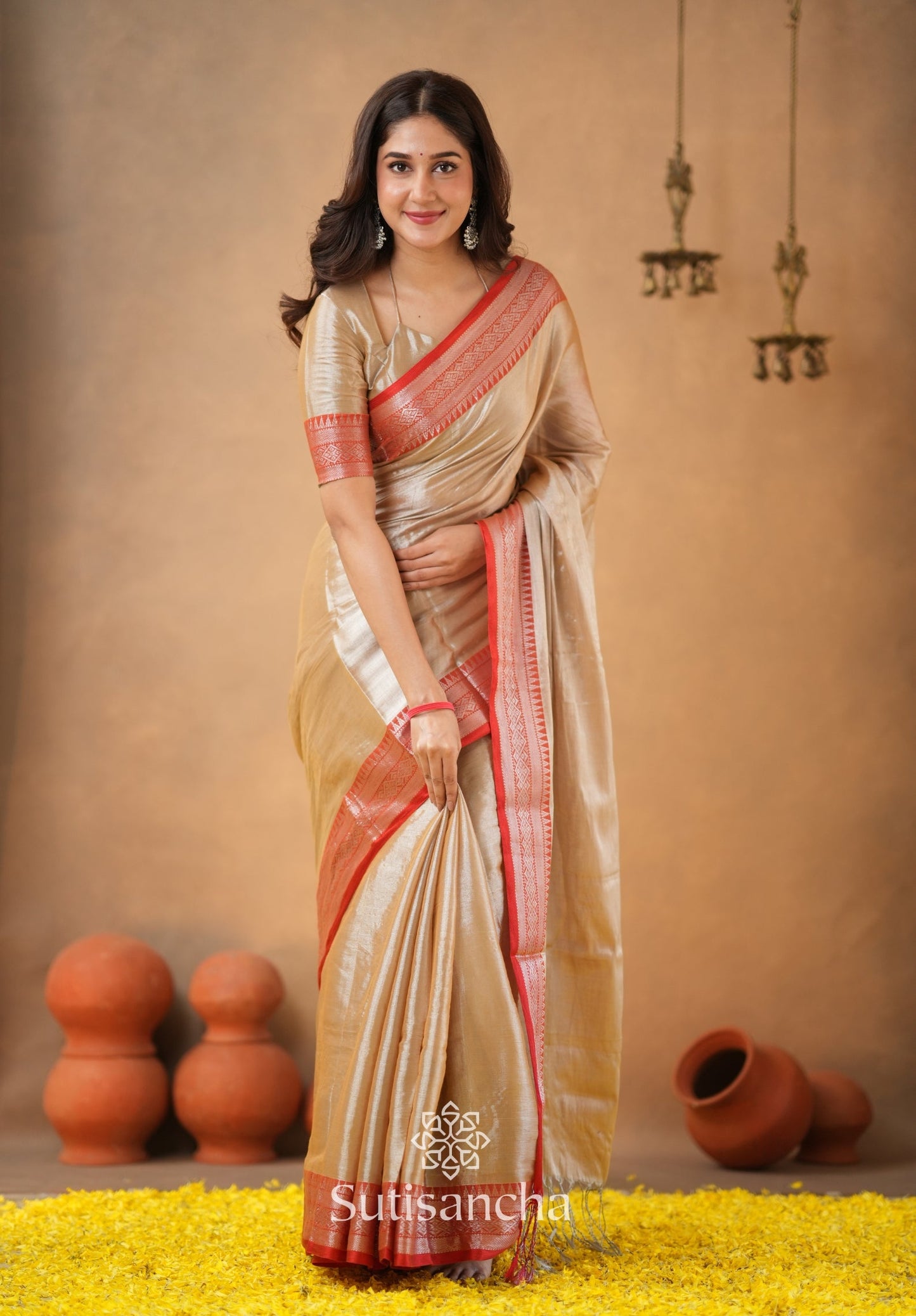 Dhiyona SS Traditional Tissue Saree with Rich Red Border