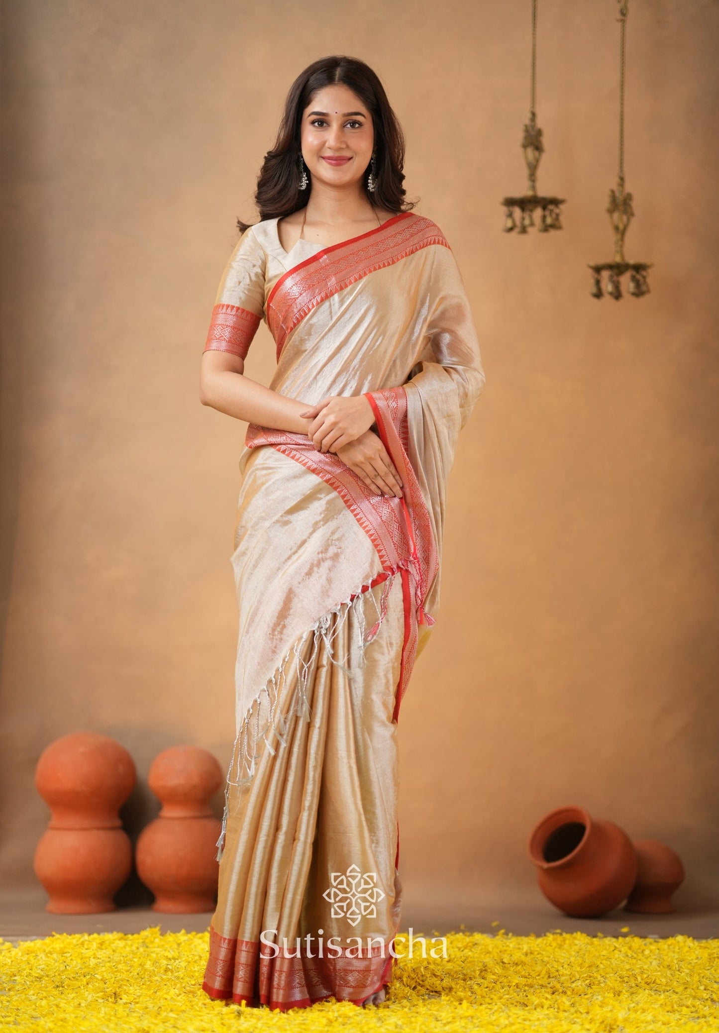 Dhiyona SS Traditional Tissue Saree with Rich Red Border