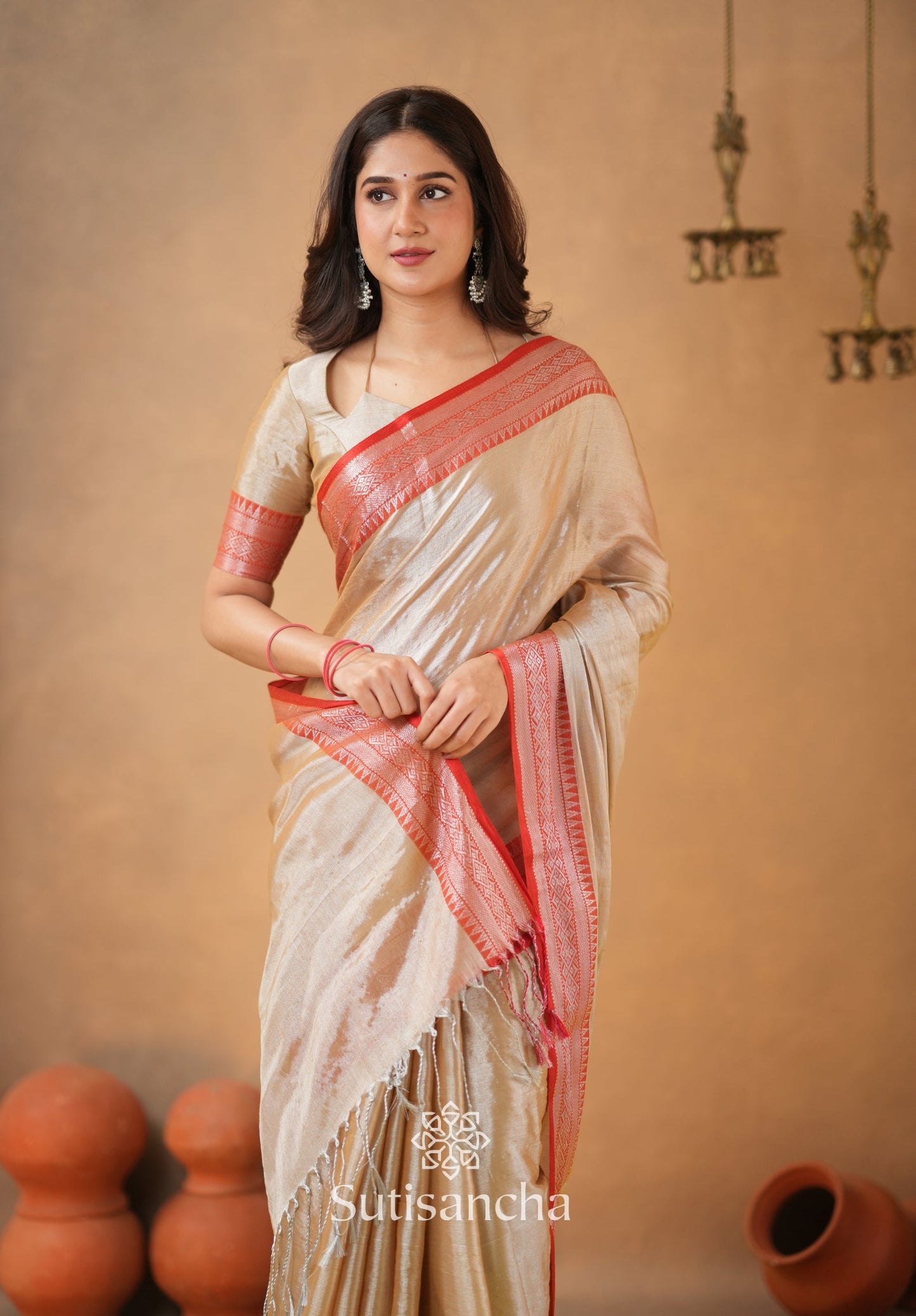 Dhiyona SS Traditional Tissue Saree with Rich Red Border