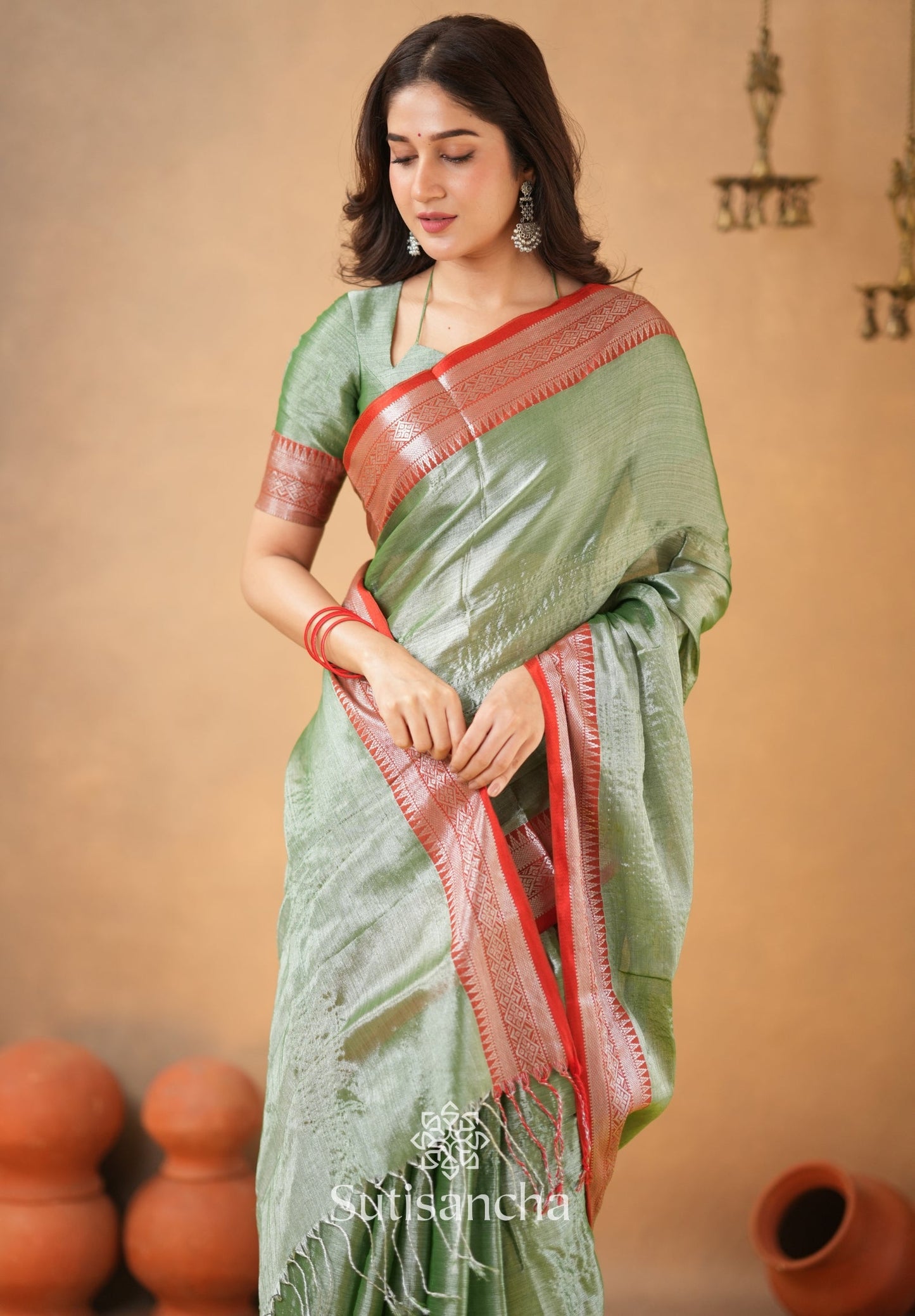 Dhiyona SS Traditional Tissue Saree with Rich Red Border