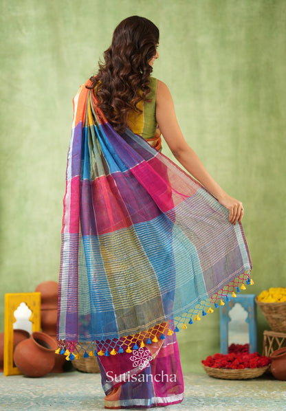 Dhiyona SS Color Block Linen Cotton Saree – Modern Classic