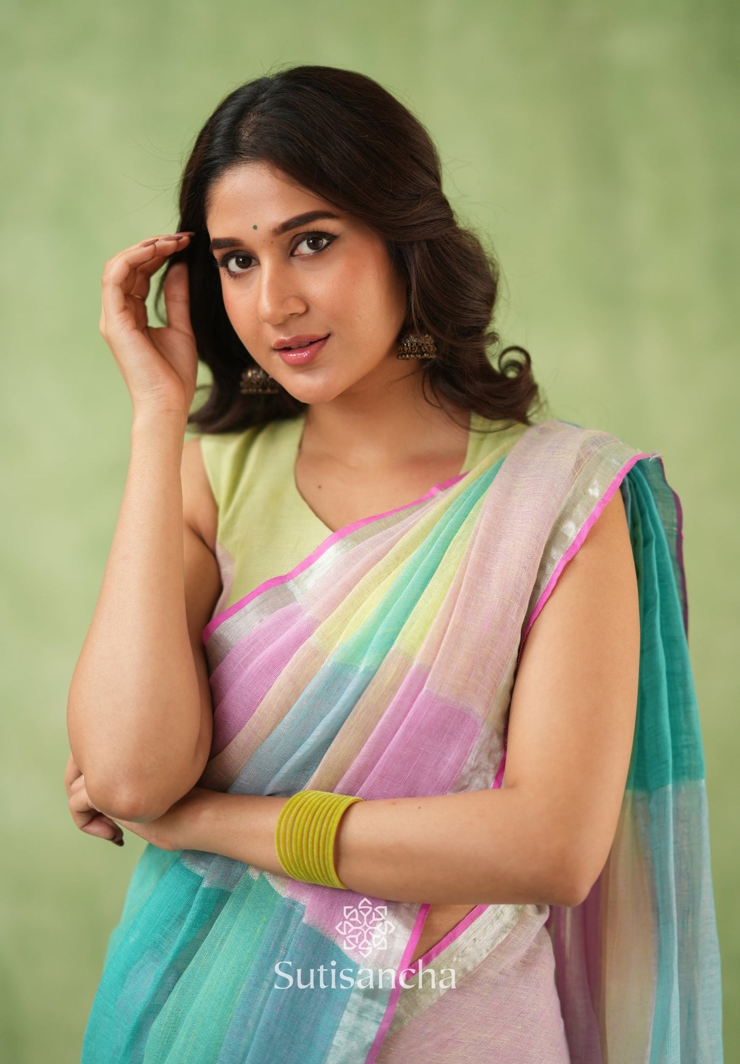 Dhiyona SS Color Block Linen Cotton Saree – Modern Classic