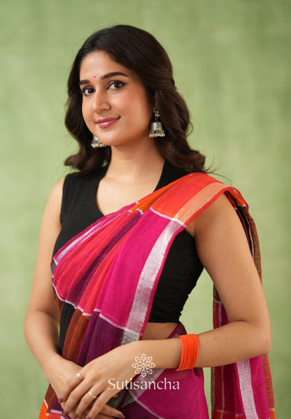 Dhiyona SS Color Block Linen Cotton Saree – Modern Classic