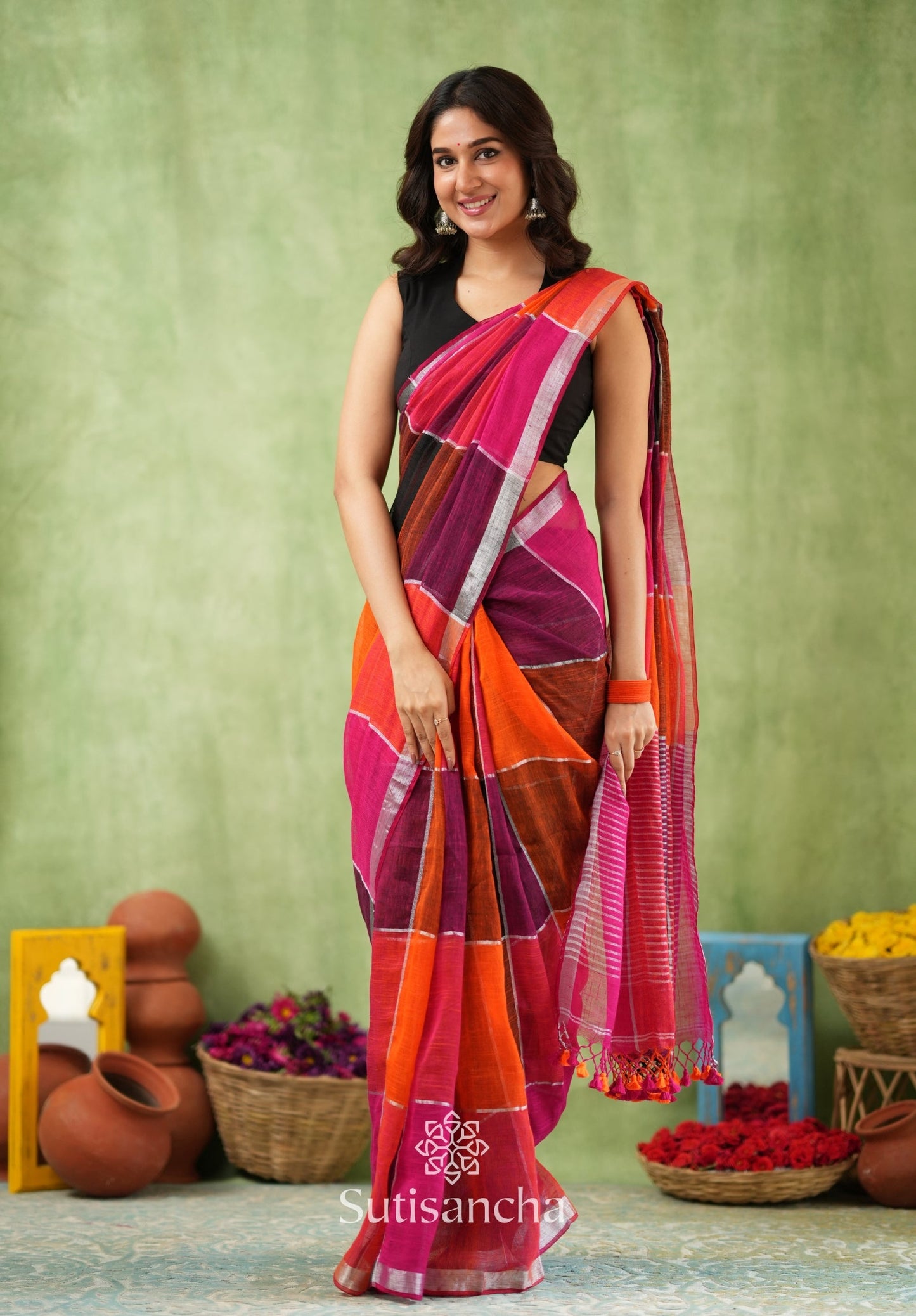 Dhiyona SS Color Block Linen Cotton Saree – Modern Classic