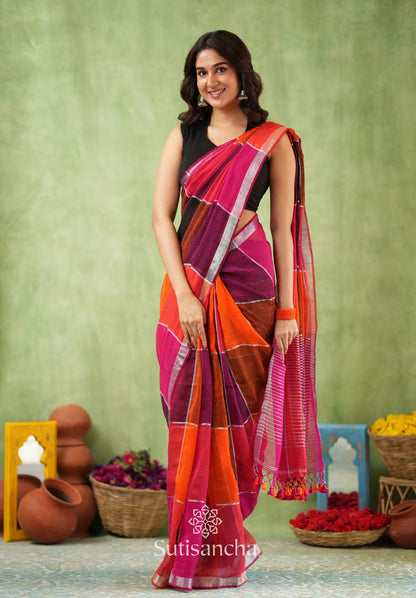 Dhiyona SS Color Block Linen Cotton Saree – Modern Classic