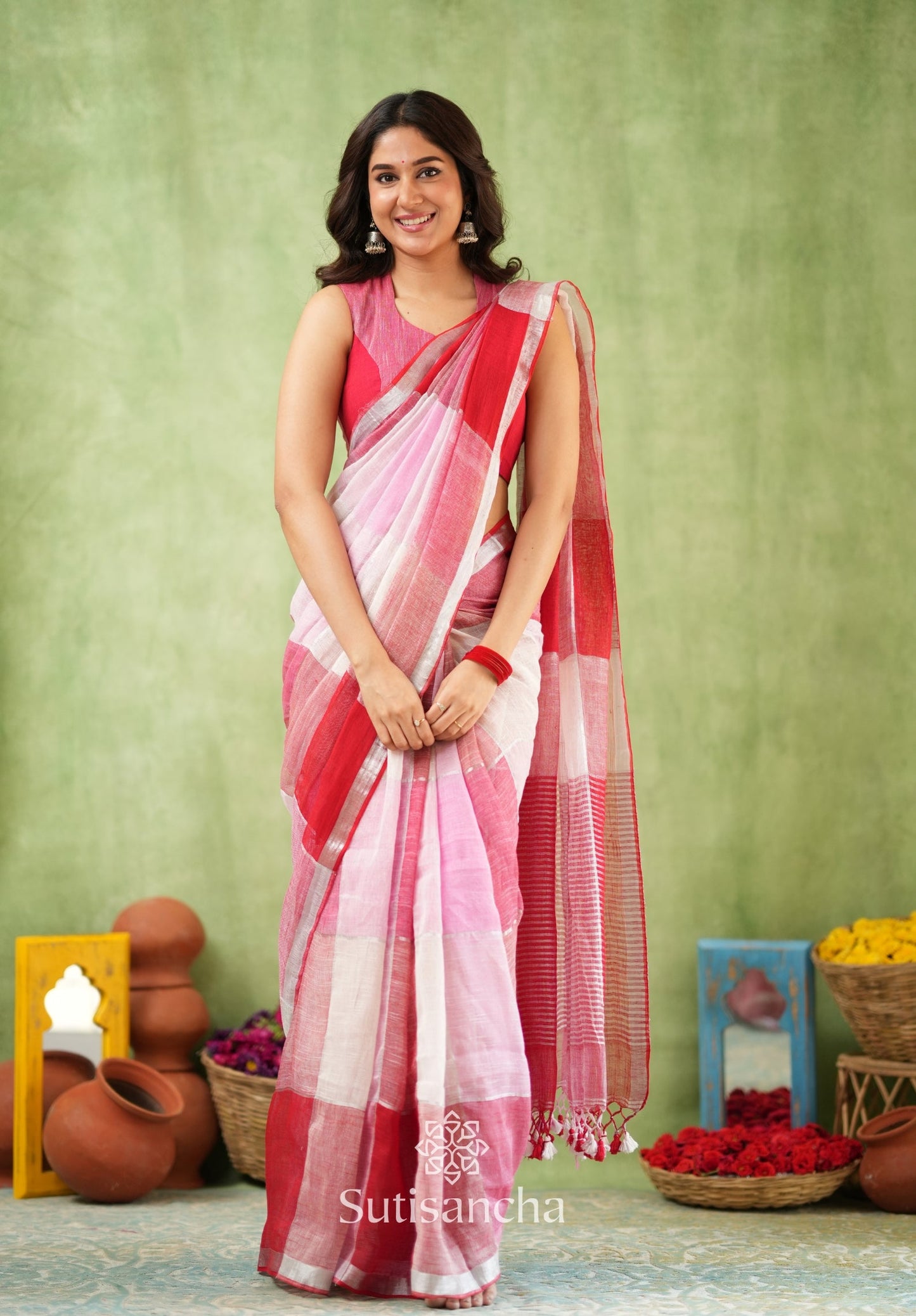 Dhiyona SS Color Block Linen Cotton Saree – Modern Classic