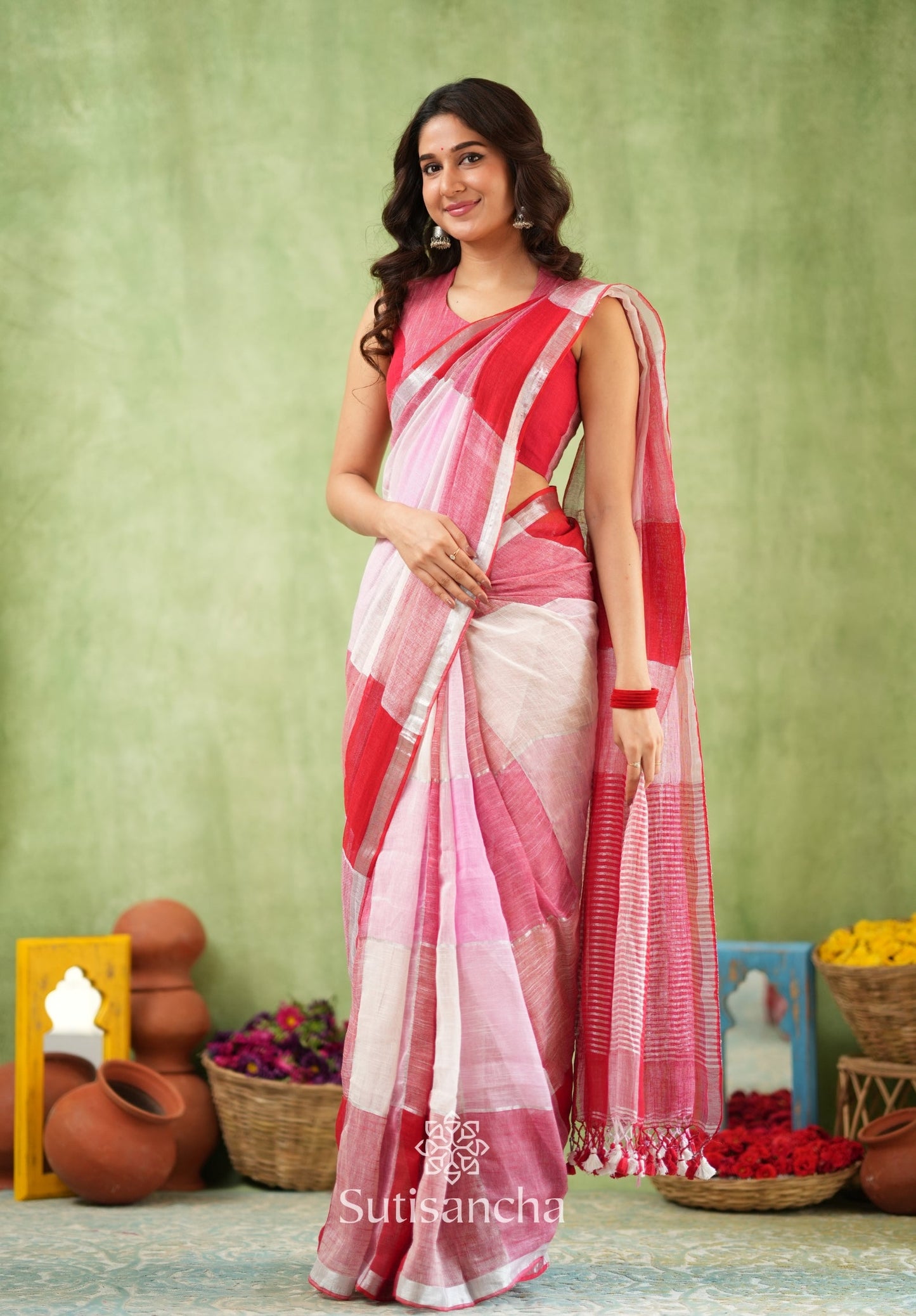 Dhiyona SS Color Block Linen Cotton Saree – Modern Classic