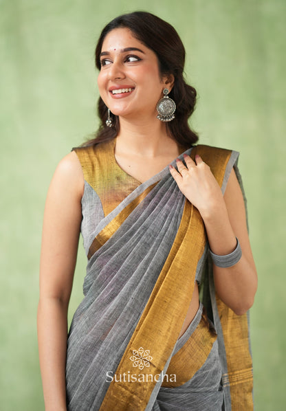 Dhiyona SS Lustrous Golden Border Cotton Linen Saree