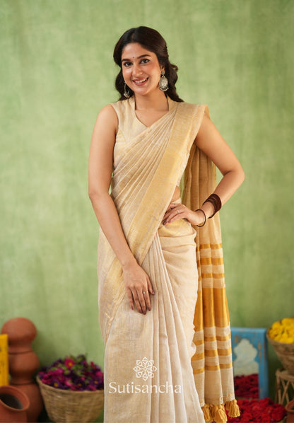 Dhiyona SS Opulent Golden Border Saree with Tassel Detailing – Cotton Linen Weave