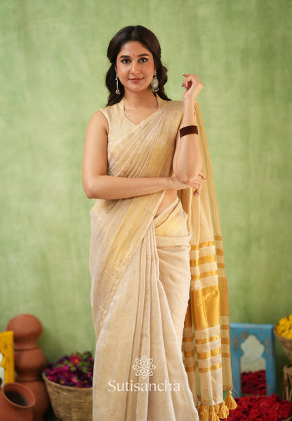 Dhiyona SS Opulent Golden Border Saree with Tassel Detailing – Cotton Linen Weave