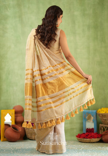 Dhiyona SS Opulent Golden Border Saree with Tassel Detailing – Cotton Linen Weave