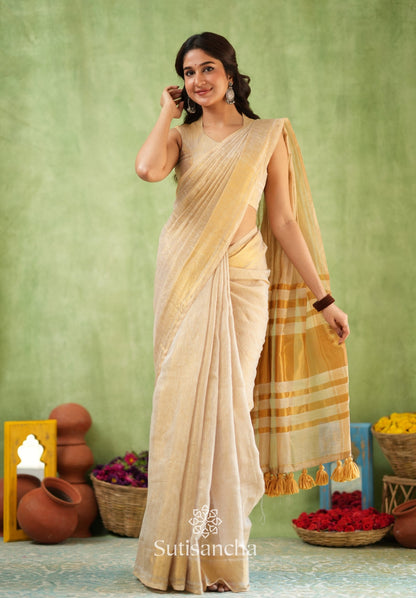 Dhiyona SS Opulent Golden Border Saree with Tassel Detailing – Cotton Linen Weave