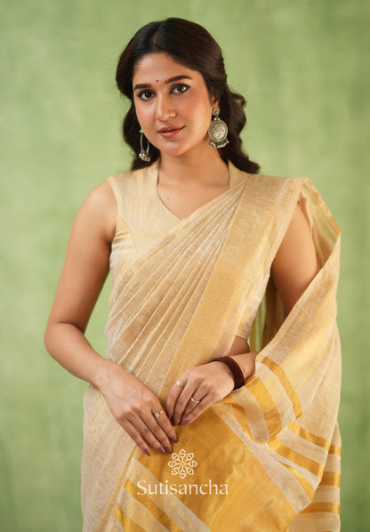 Dhiyona SS Opulent Golden Border Saree with Tassel Detailing – Cotton Linen Weave